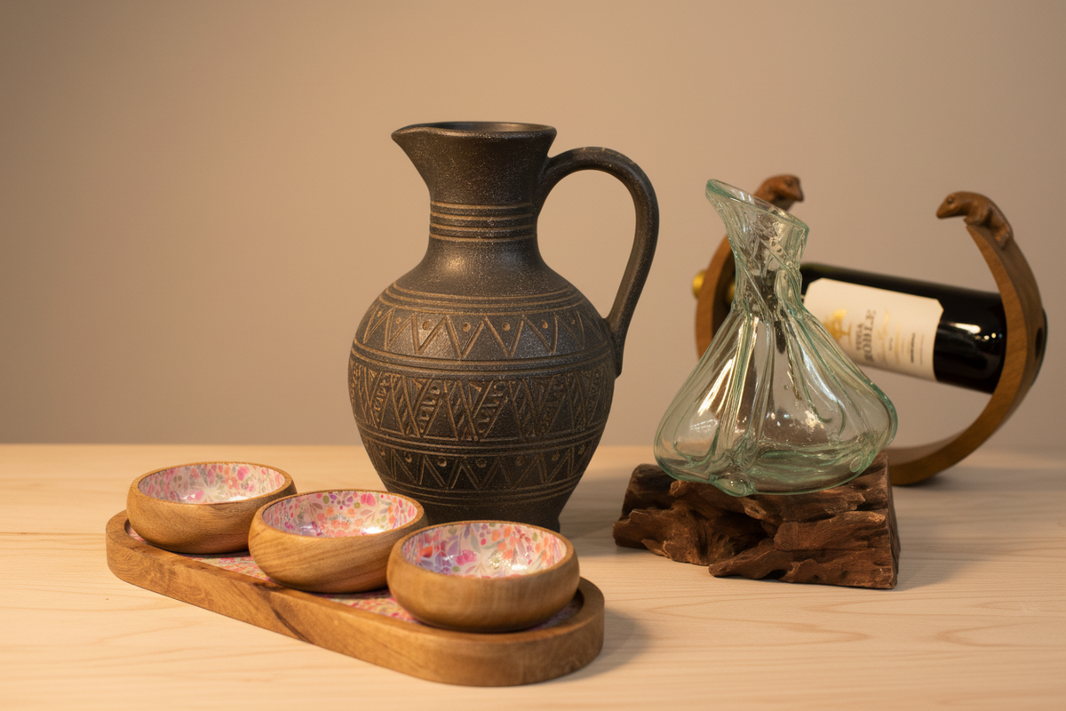 Premium kitchen and tableware including a dark charcoal etched tribal tall jug, floral mango wood tray with painted bowls, molten glass decanter on driftwood, and gecko balance wine holder — Xquisite By Design