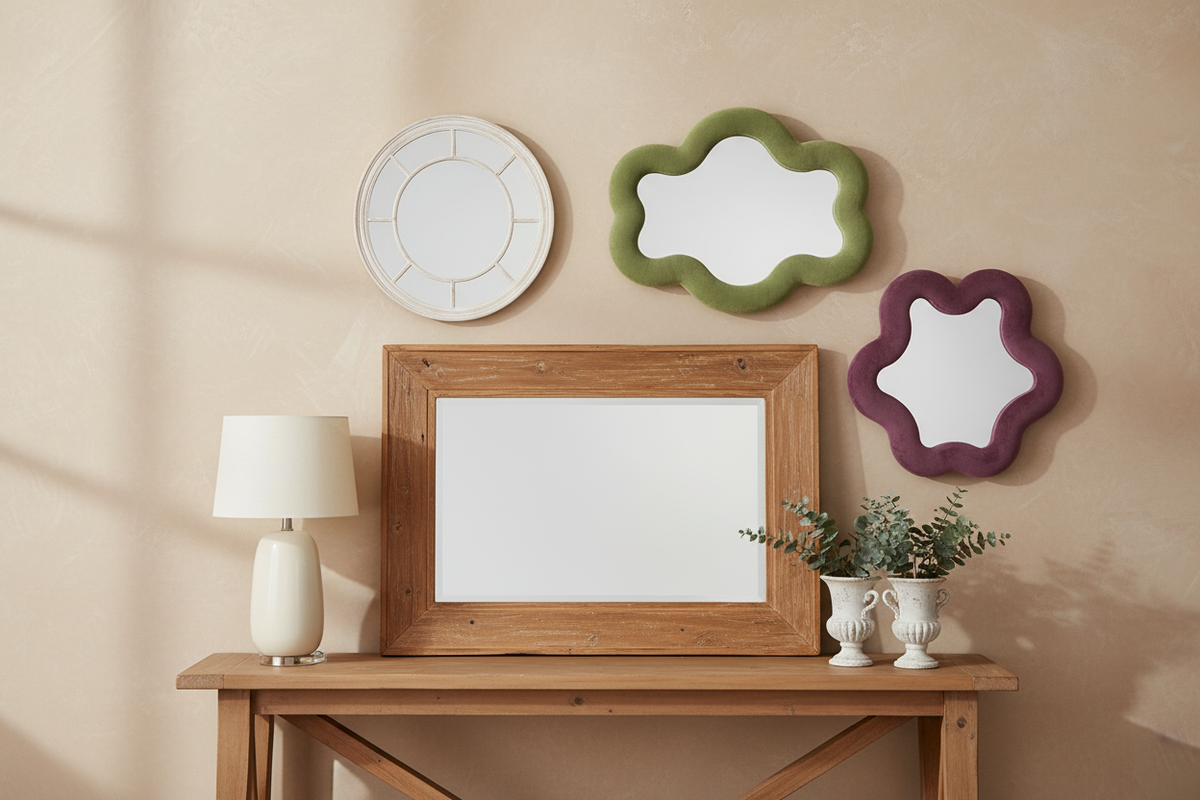 Premium decorative mirrors including a rustic Copgrove wood framed mirror, whitewashed round window-pane mirror, and soft squiggly velvet mirrors in mauve star and moss green cloud shapes — Xquisite By Design