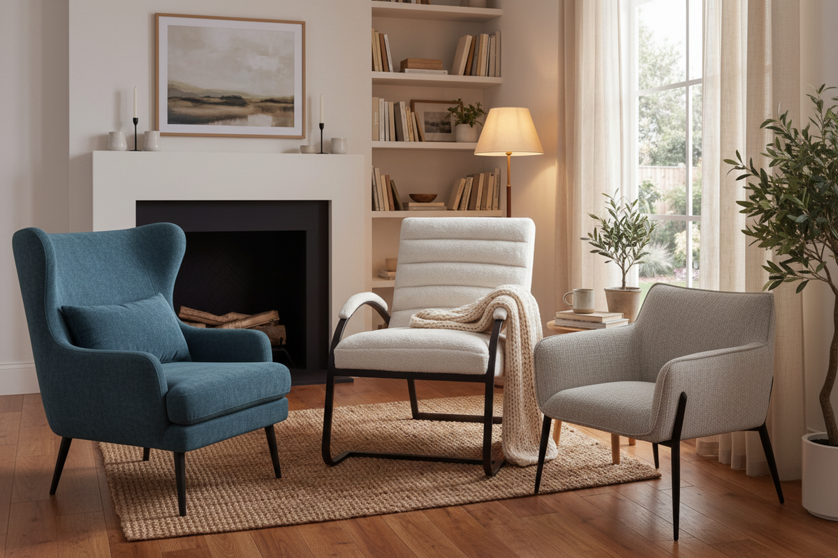 Occasional and Armchairs CollecPremium occasional armchairs including a cream boucle ribbed Ark Chair on a curved black metal frame, a teal blue Avaris Wingback armchair, and a textured natural Zephra armchair on slim black legs — Xquisite By Designtion
