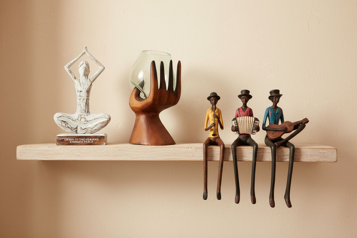 Premium home ornaments including a whitewash wooden yoga lady figurine, carved hand with molten glass bowl, and sitting jazz band sculpture — Xquisite By Design