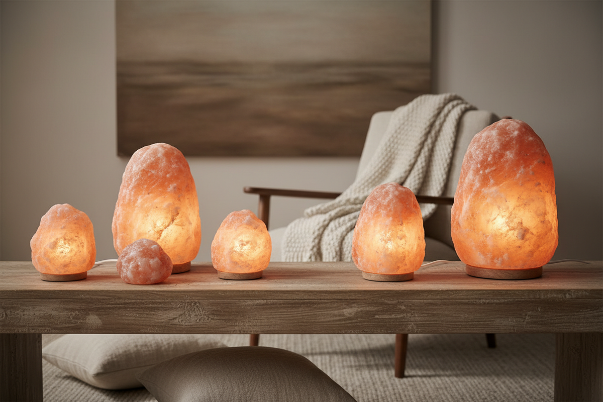Natural Himalayan salt lamps in various sizes glowing with warm amber light — premium salt lamp home décor — Xquisite By Design