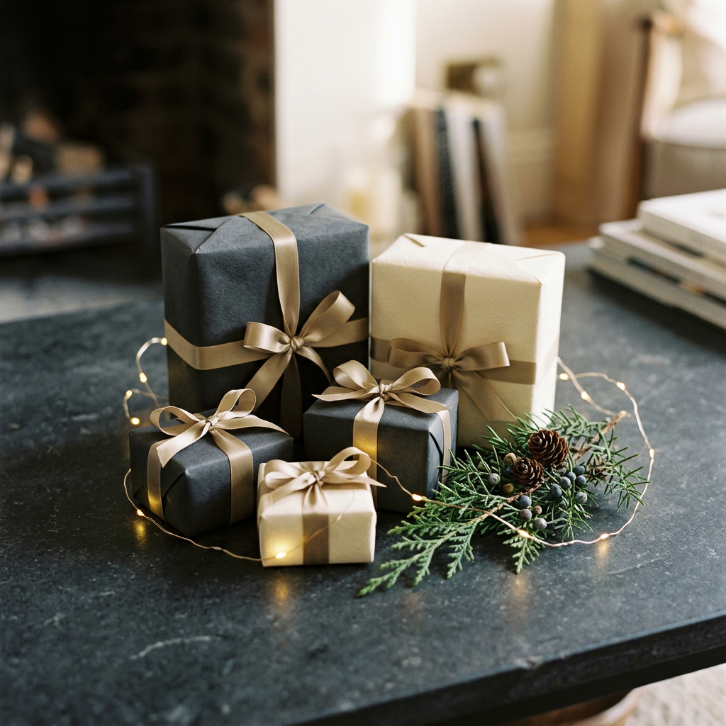 Secret Santa gifts wrapped in charcoal and ivory paper with gold ribbons