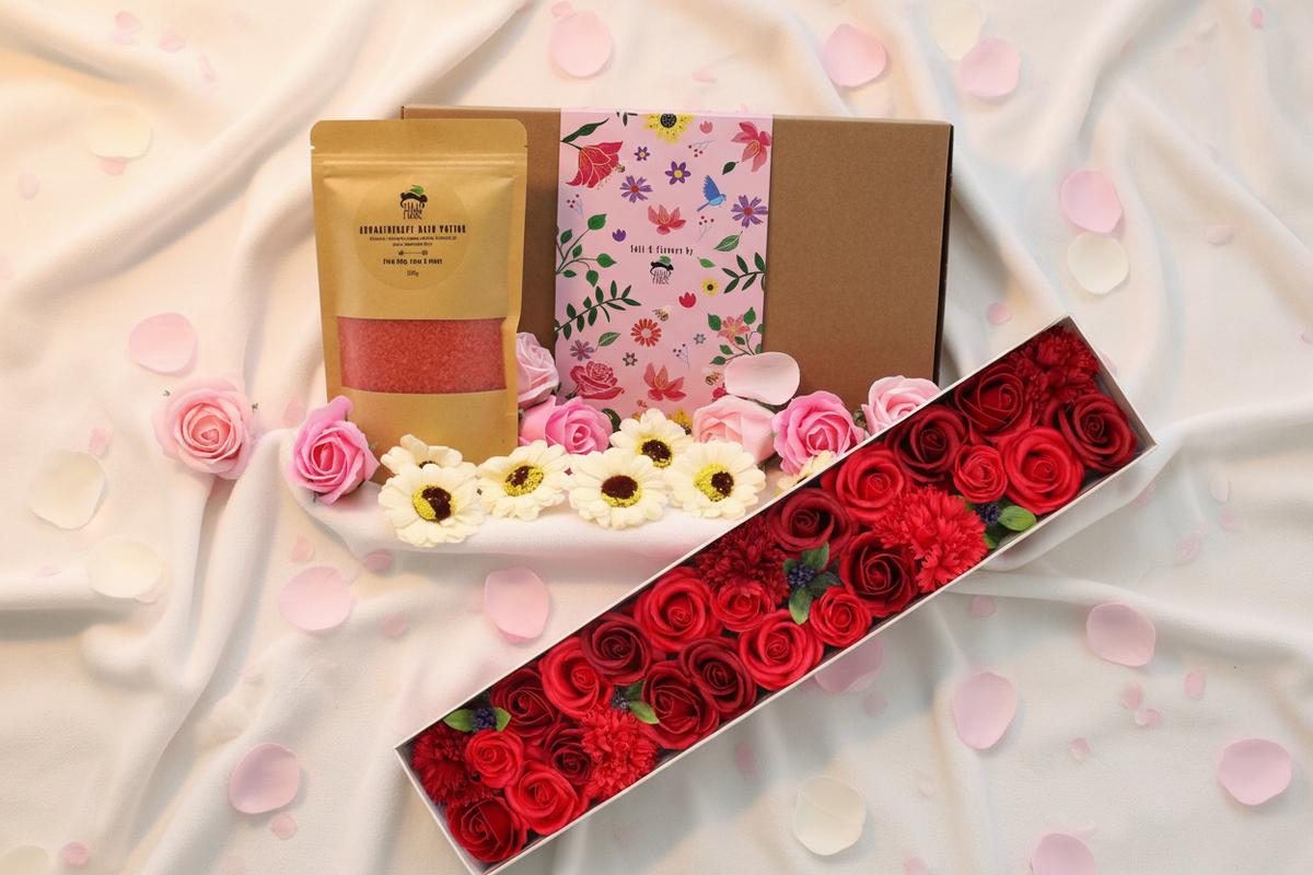 Soap Gift Box and Bouquets Collection - Luxury soap flower gift sets including a Wild Hare aromatherapy bath salt gift box with pink soap roses and an extra long classic red rose soap bouquet — Xquisite By Design