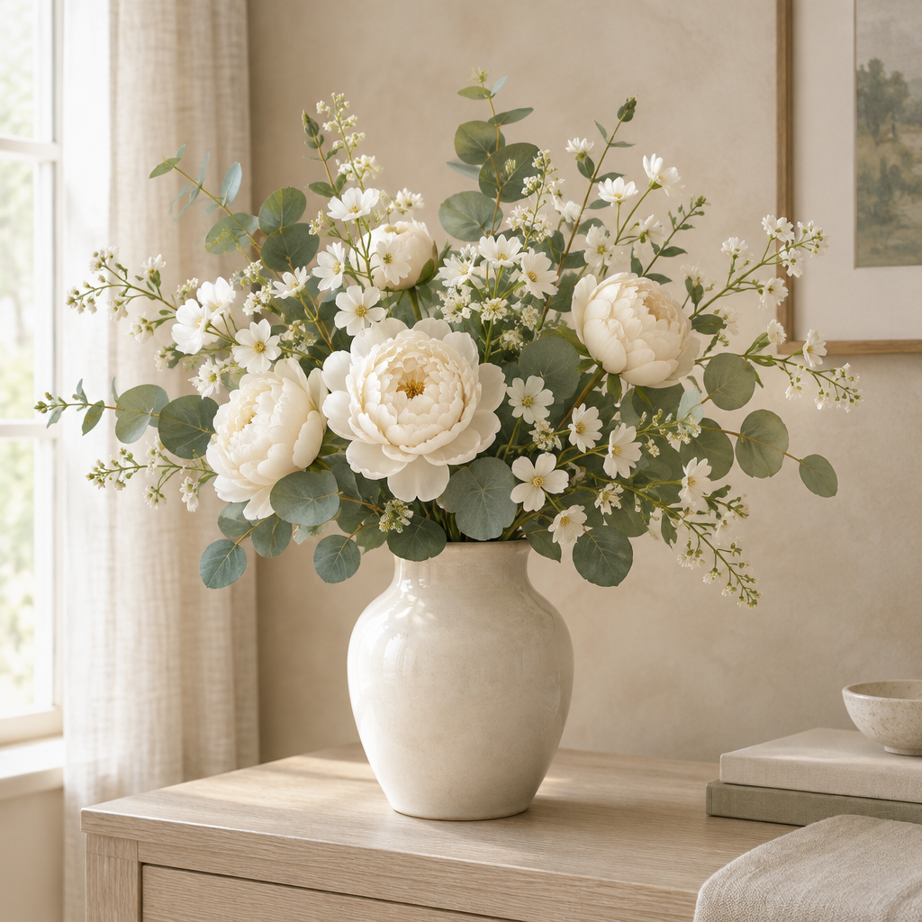 Soft ivory flowers and eucalyptus styled in a neutral interior