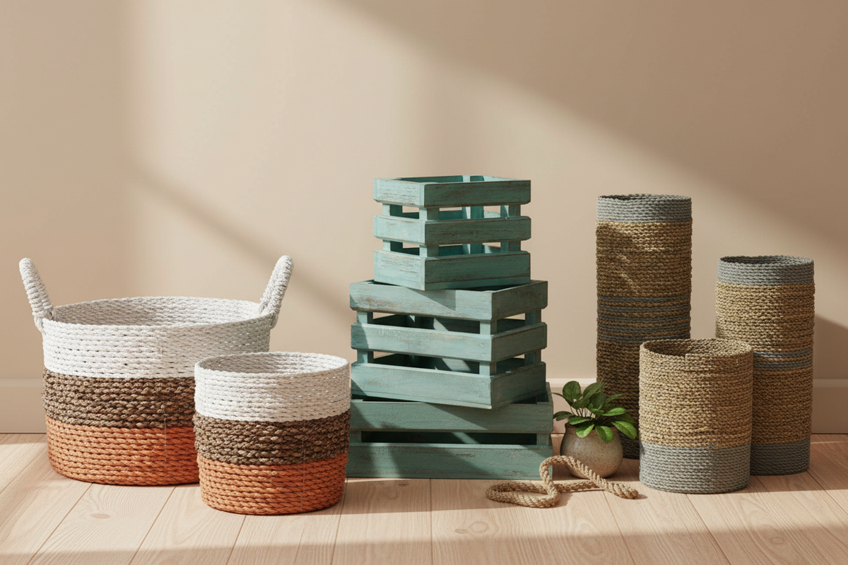 Premium home storage including striped seagrass baskets with handles, distressed greenwash wooden storage crates, and cylindrical seagrass and raffia woven bins — Xquisite By Design