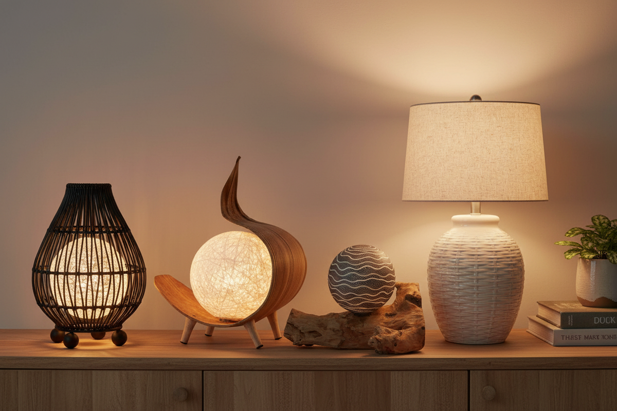 Premium table lamps including a black woven rattan lamp, sculptural coconut twist lamp, DriftGlow driftwood sphere lamp, and basketweave ceramic table lamp with linen shade — Xquisite By Design