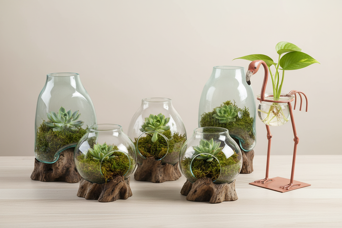 Molten glass terrarium jars on driftwood bases and flamingo hydroponic vase — premium terrarium and hydroponic home décor — Xquisite By Design