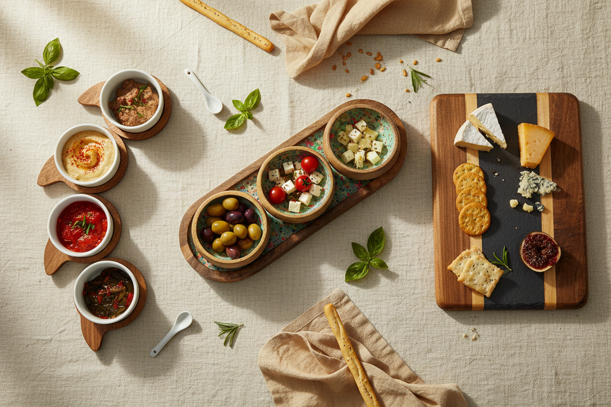 Premium serving trays including a Mediterranean tile mango wood tray with painted bowls, acacia fishtail serving trays with white ceramic bowls, and a two-tone acacia wood tray with slate — Xquisite By Design