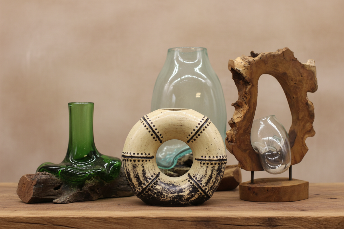 Artisan vases including a cream distressed round donut ceramic vase, recycled green beer bottle vase on driftwood, sculptural molten glass hanging art vase in a carved wood arch, and a molten glass terrarium jar — Xquisite By Design