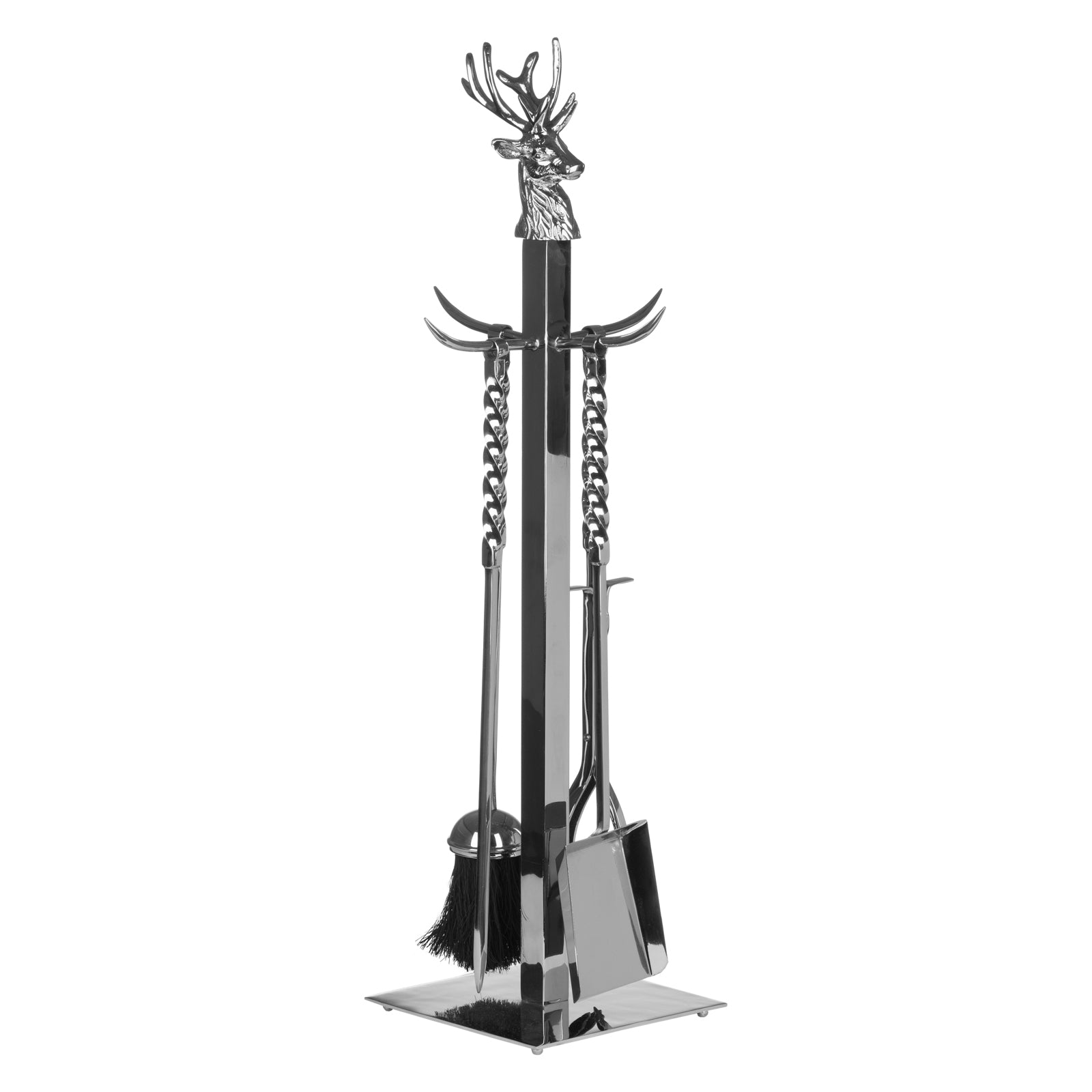 The Hand Turned Stag Companion Set In Polished Nickel is a captivating blend of functionality and exquisite design for your fireside - Fireplace tools