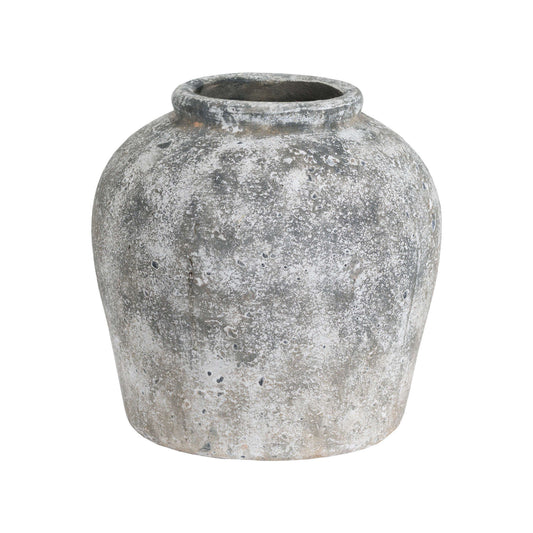 Aged Stone Ceramic Vase with a short rim and rounded body in a mottled grey finish