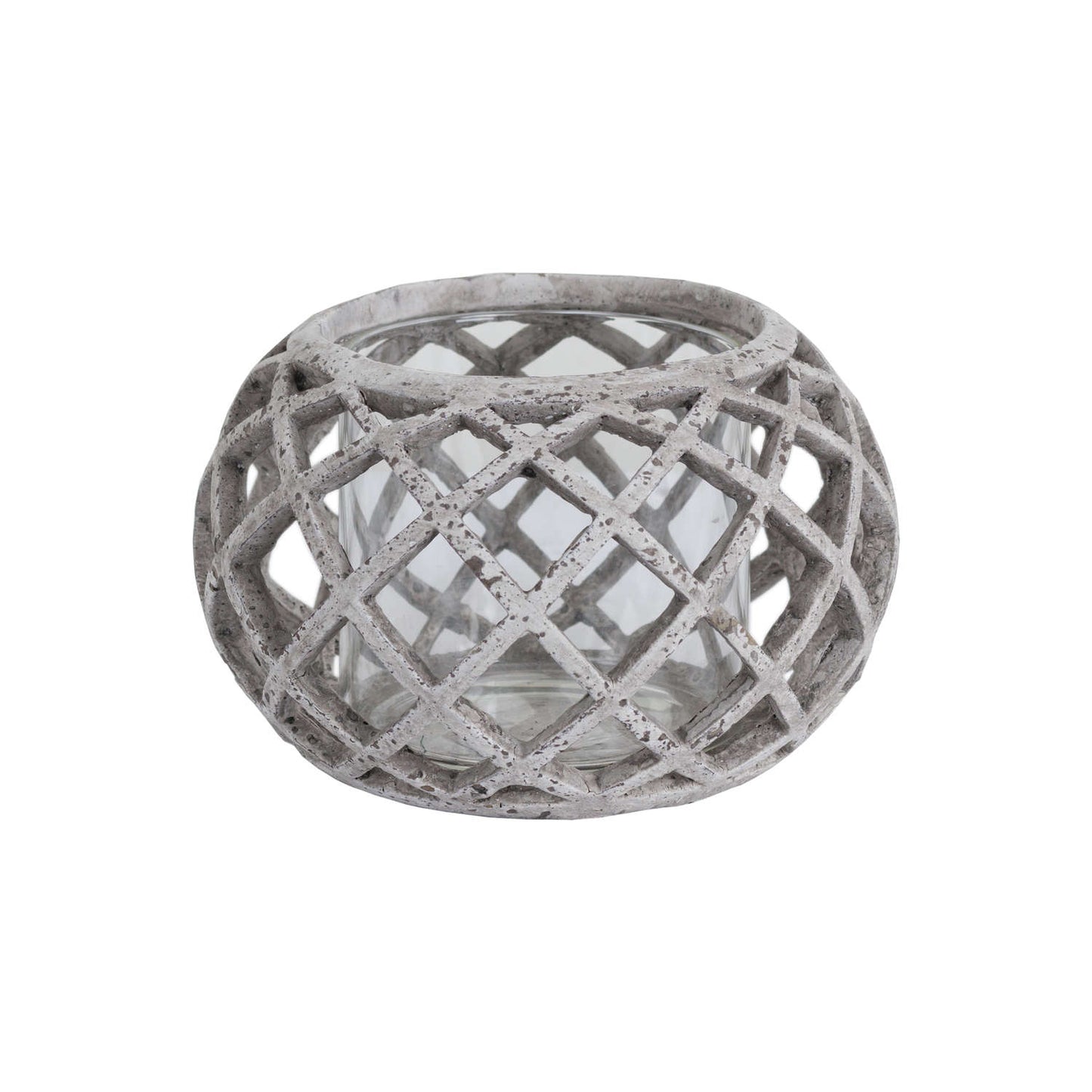 Round Ceramic Lattice Hurricane Lantern, grey stone effect geometric lattice candle holder, LED tealight lantern for home decor UK