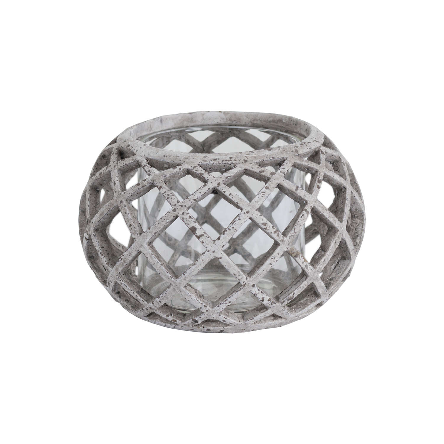 Round Ceramic Lattice Hurricane Lantern, grey stone effect geometric lattice candle holder, LED tealight lantern for home decor UK