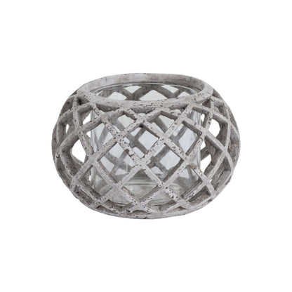 Round Ceramic Lattice Hurricane Lantern, grey stone effect geometric lattice candle holder, LED tealight lantern for home decor UK