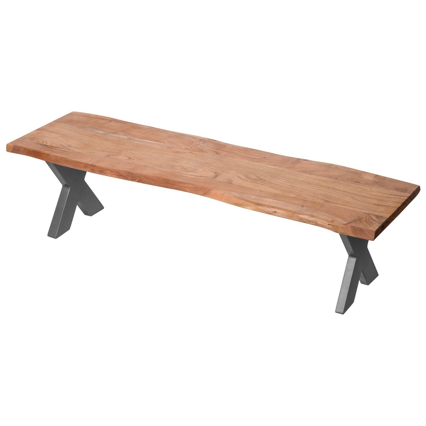 Live Edge Collection Bench, Indian acacia wood bench with grey metal X-frame cross legs, rustic industrial dining bench UK