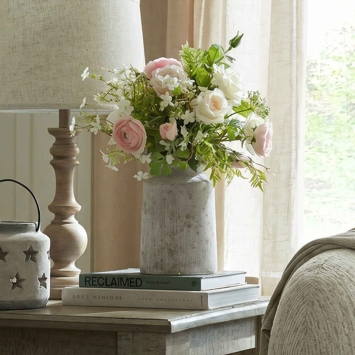 Bloomville Urn Stone Vase holding pink and white flowers on books beside a lamp and window