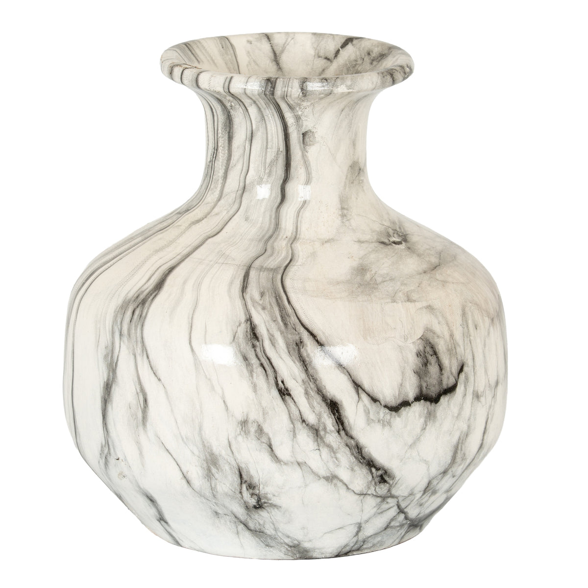 Cream marble-effect Squat vase with a rounded body, grey veining and flared rim