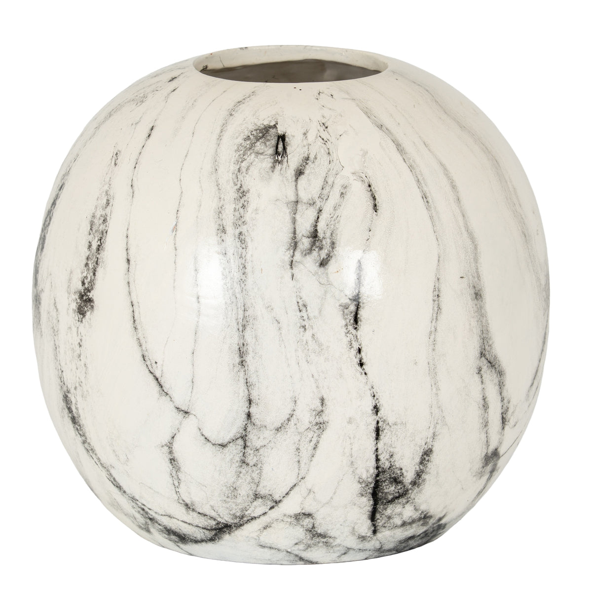 Marble Effect Pudding Vase with a round white ceramic body and flowing grey veining