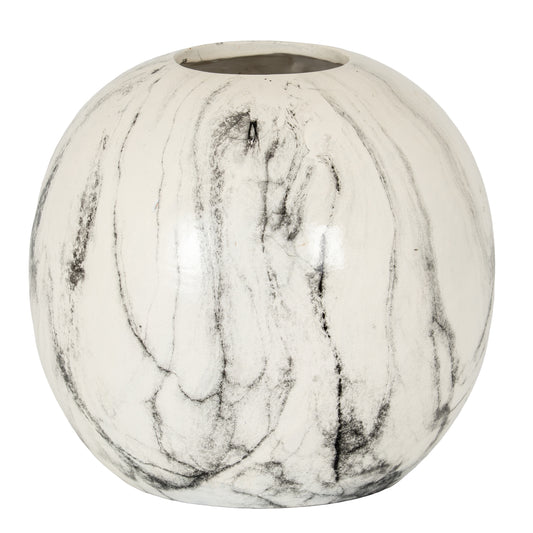 Marble Effect Pudding Vase with a round white ceramic body and flowing grey veining