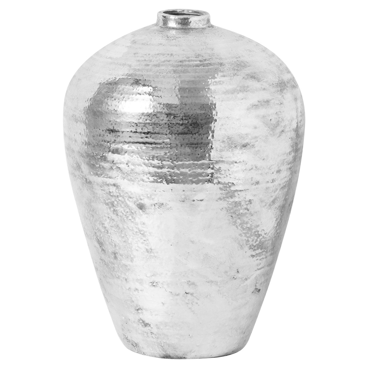 Large Hammered Silver Astral Vase with broad shoulders and a textured reflective silver finish