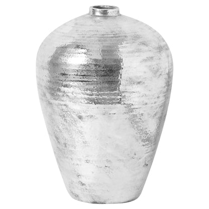 Large Hammered Silver Astral Vase with broad shoulders and a textured reflective silver finish