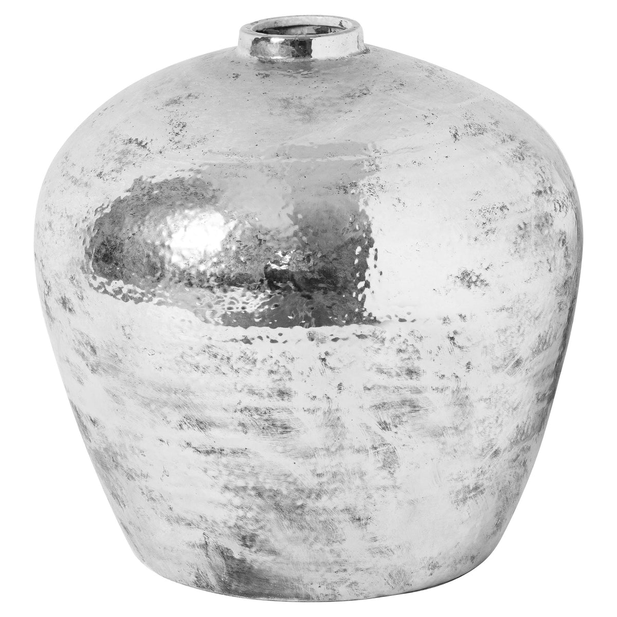 Hammered Silver Astral Vase with a rounded ceramic body and short narrow opening