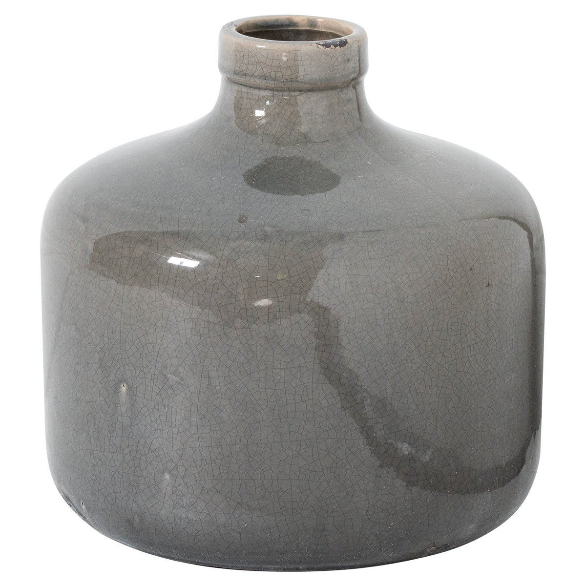 Garda Grey Glazed Chive Vase with a low rounded body, short neck and grey crackle glaze