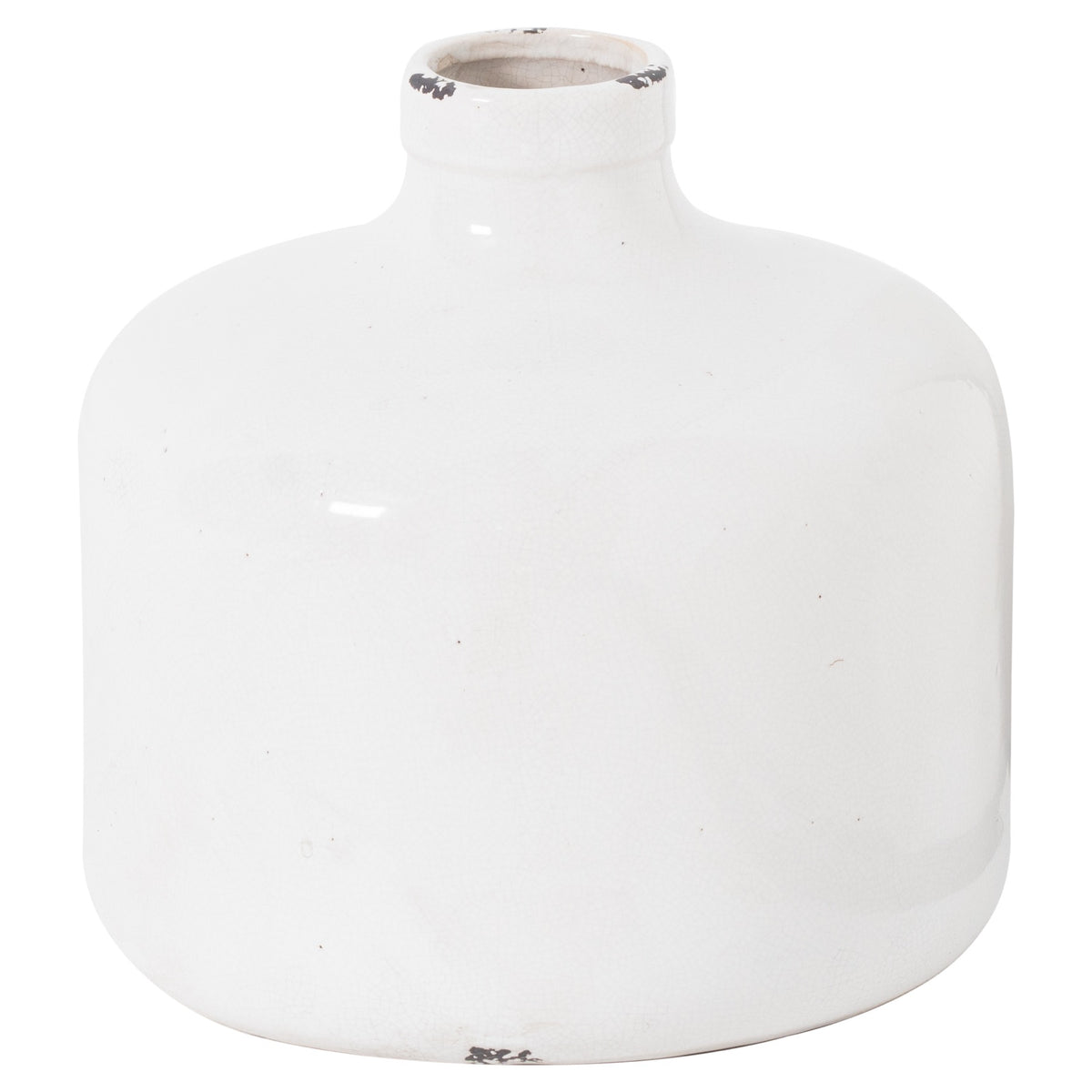 Garda Glazed Eve Vase with a broad white ceramic body, short neck and distressed accents