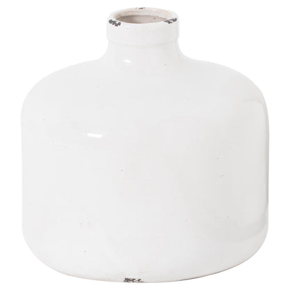 Garda Glazed Eve Vase with a broad white ceramic body, short neck and distressed accents