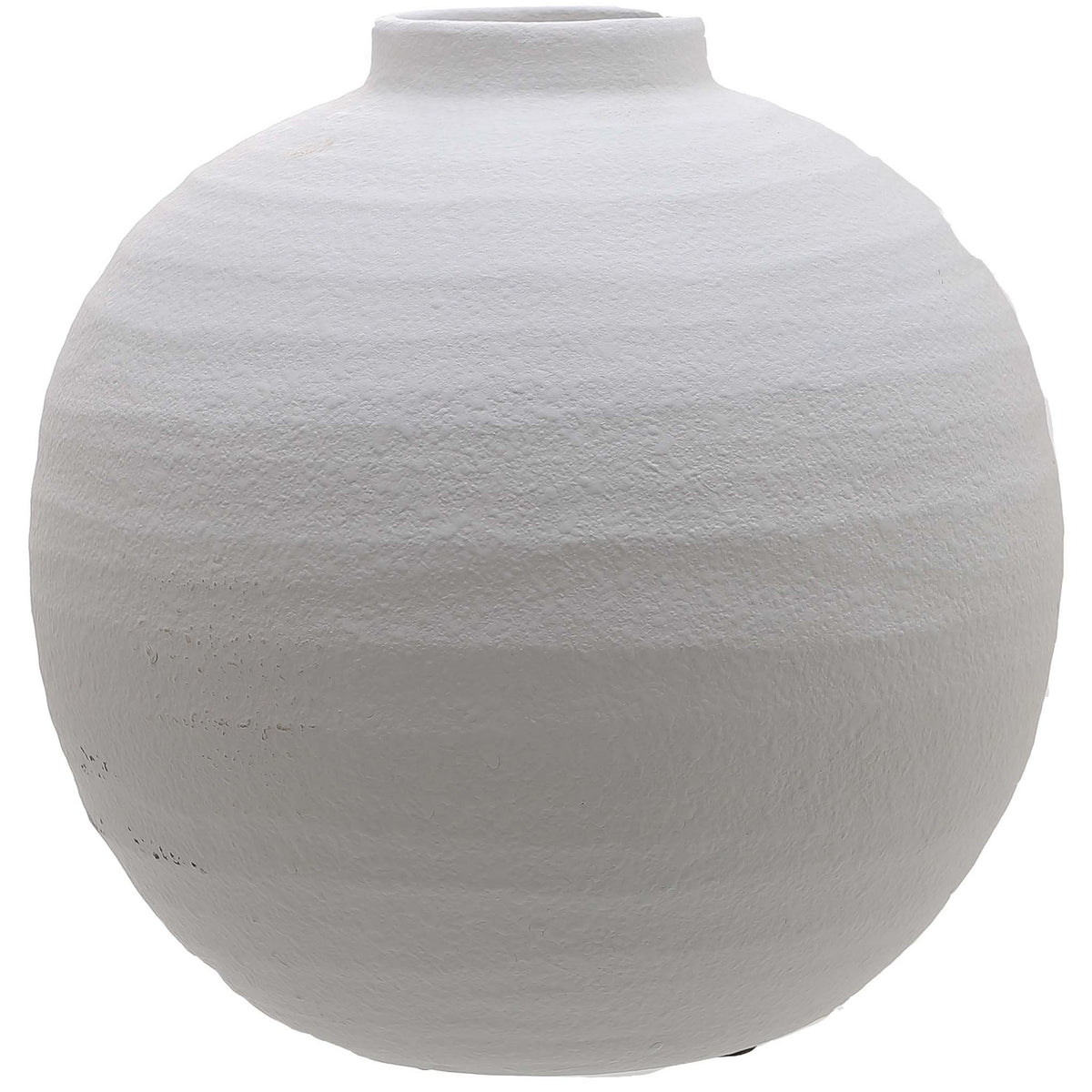 Tiber Matt White Ceramic Vase with a rounded body, short narrow neck and textured surface