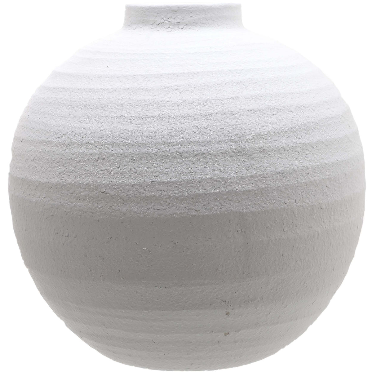 Tiber Large Matt White Ceramic Vase with a rounded body, short narrow neck and linear texture