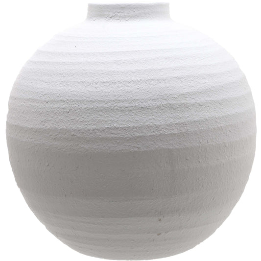 Tiber Large Matt White Ceramic Vase with a rounded body, short narrow neck and linear texture