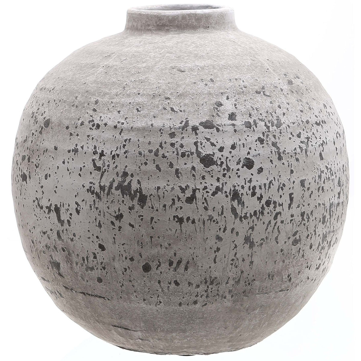 Tiber Stone Ceramic Vase with a rounded body, short neck and pale grey mottled finish