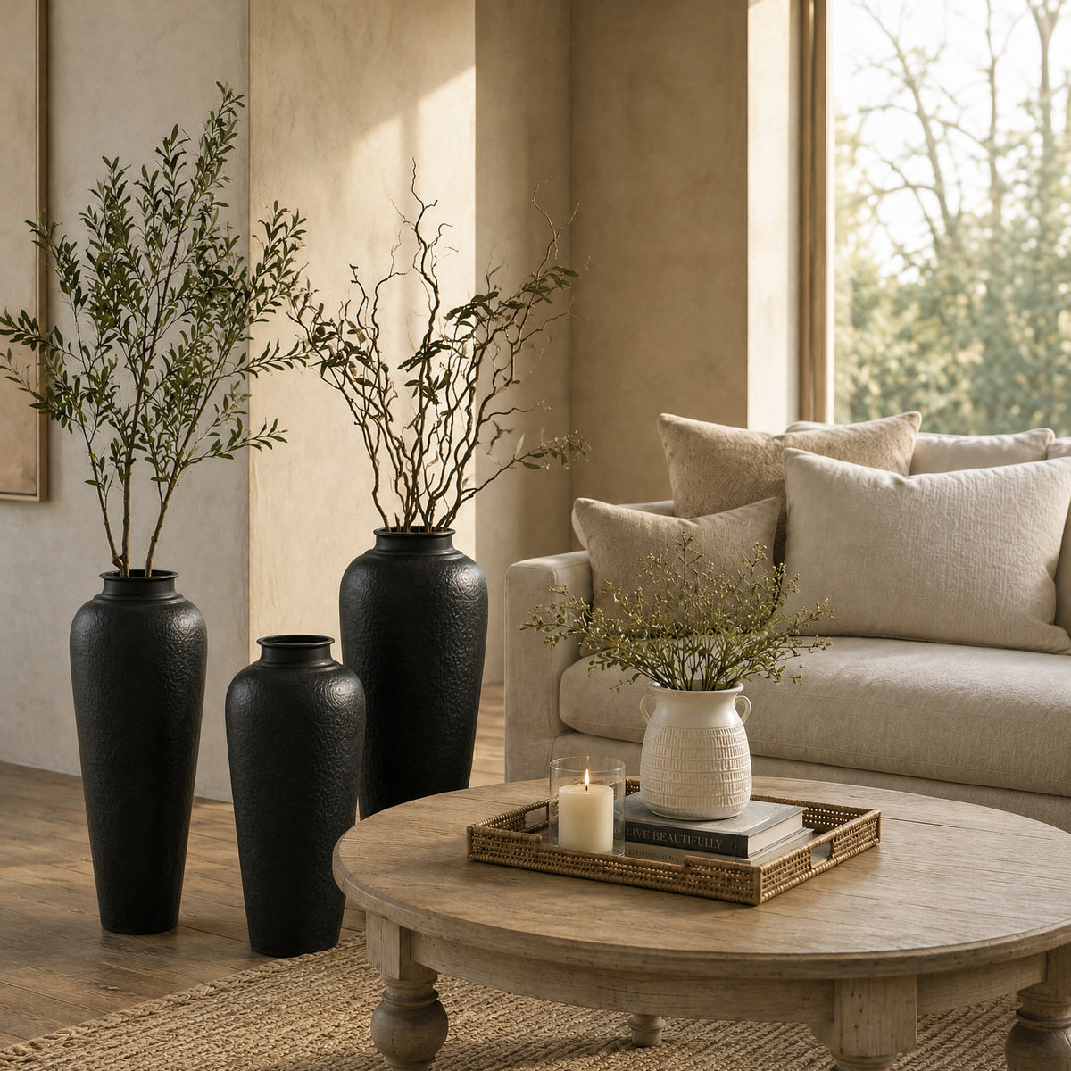 Three matt black hammered vases with branches beside a sofa, illustrating styling for the large vase