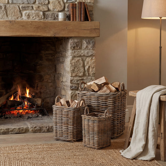 Shop Premium Set of 3 Kubu Rattan Square Storage Baskets .  Natural wicker log baskets for fireside storage UK
