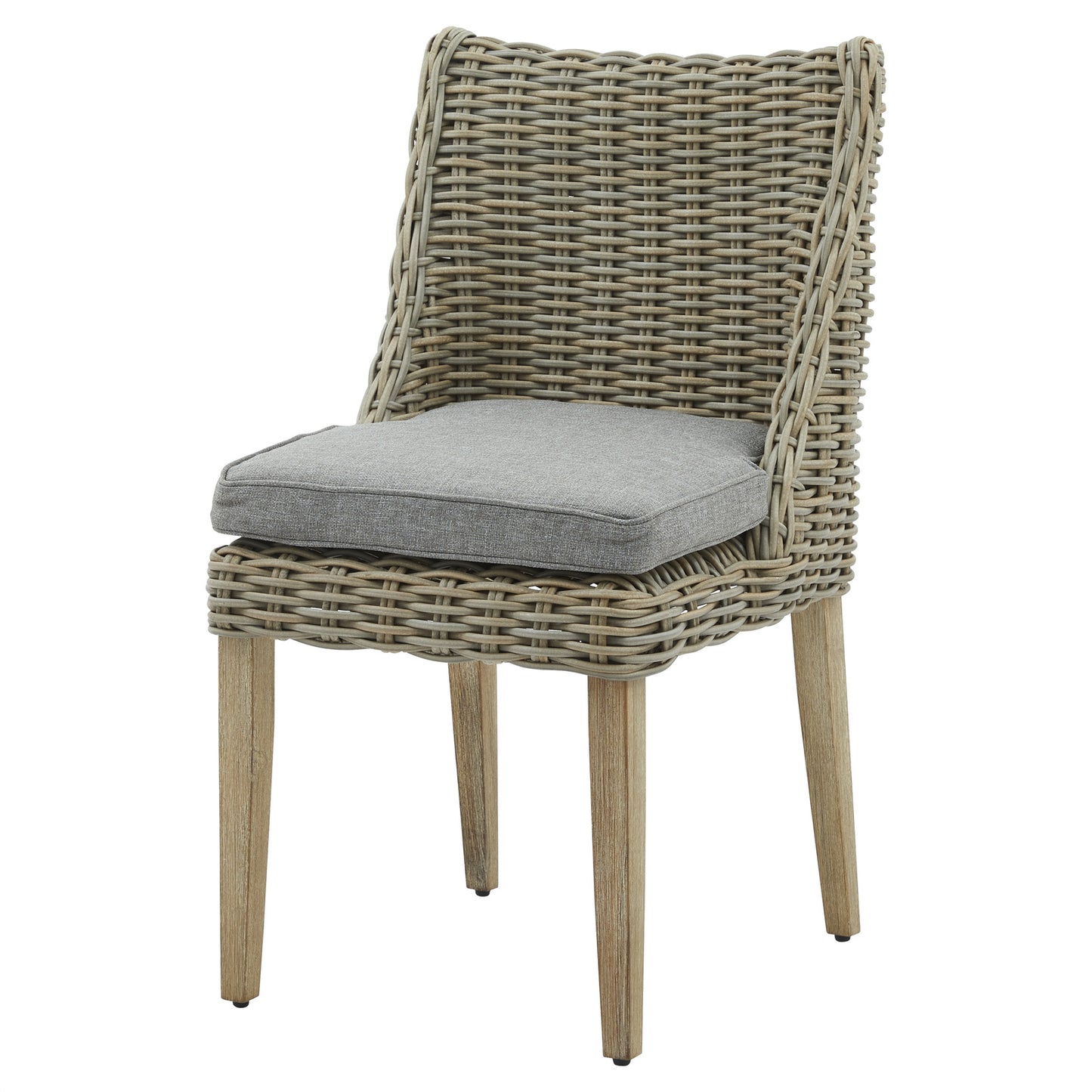 Amalfi Collection outdoor rattan dining chair with grey cushion and wood legs, weather-resistant wicker garden dining chair UK