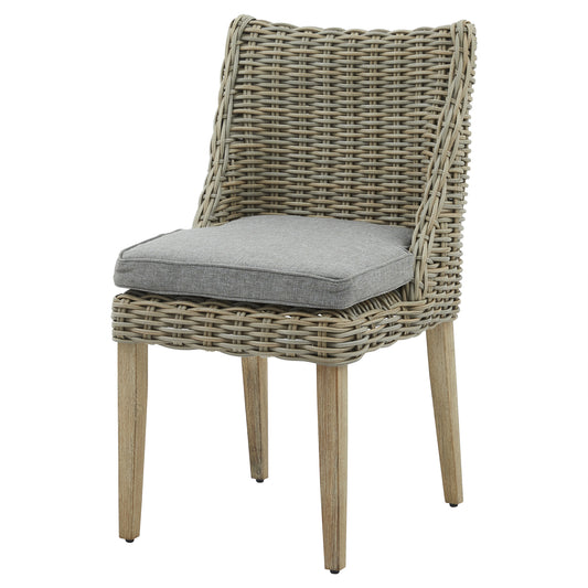 Amalfi Collection outdoor rattan dining chair with grey cushion and wood legs, weather-resistant wicker garden dining chair UK