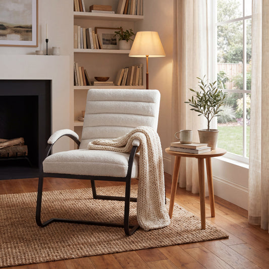 Boucle Ribbed Ark Chair, cream ribbed boucle upholstered armchair with black metal ark frame, contemporary occasional chair for living room UK