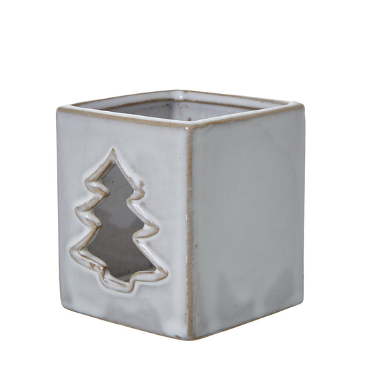 White Ceramic Tree Cut-Out Square Tealight Holder - Christmas Candles & Candle Accessories