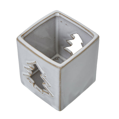White Ceramic Tree Cut-Out Square Tealight Holder - Christmas Candles & Candle Accessories