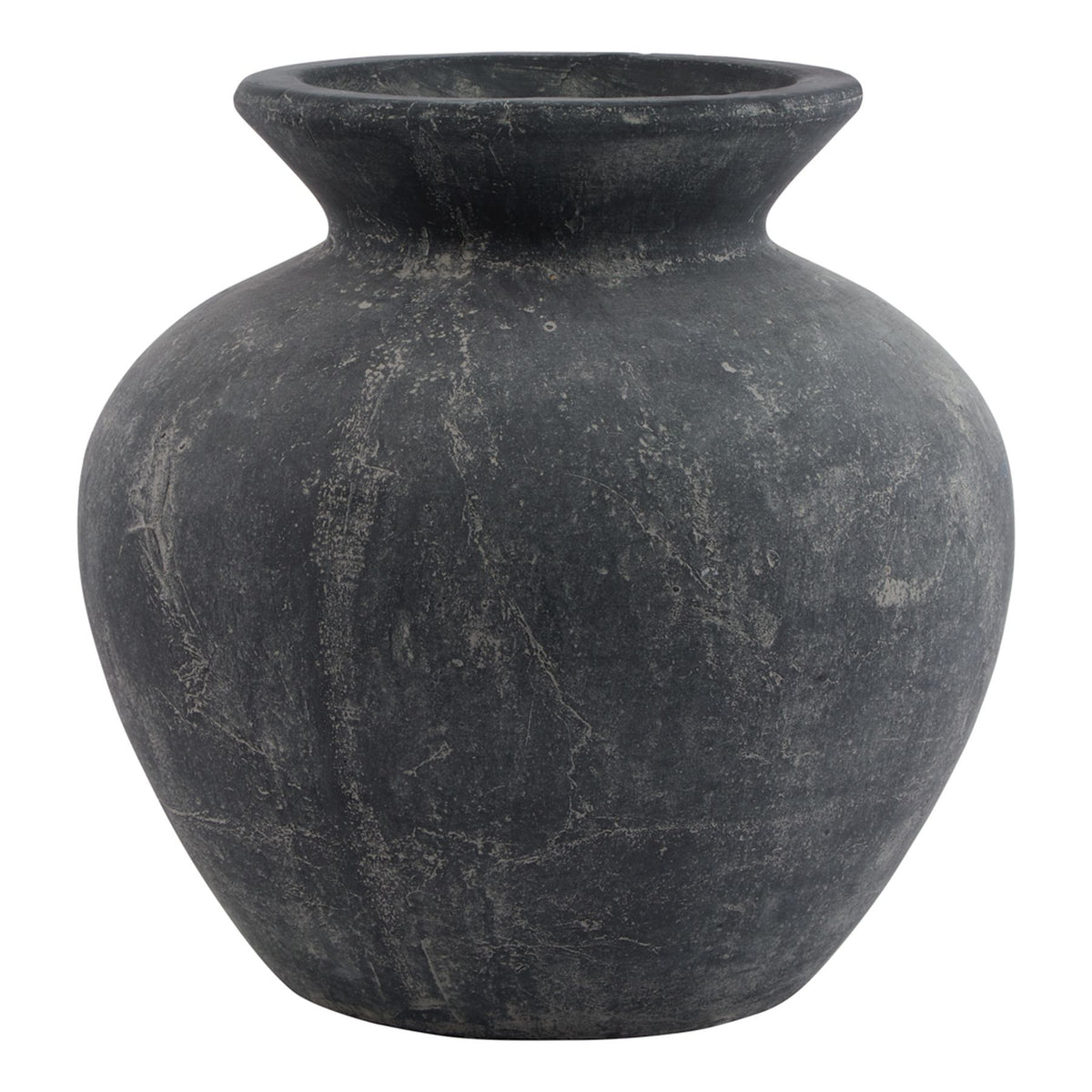 Amalfi Grey Vase with a rounded ceramic body, flared rim and weathered dark-grey finish