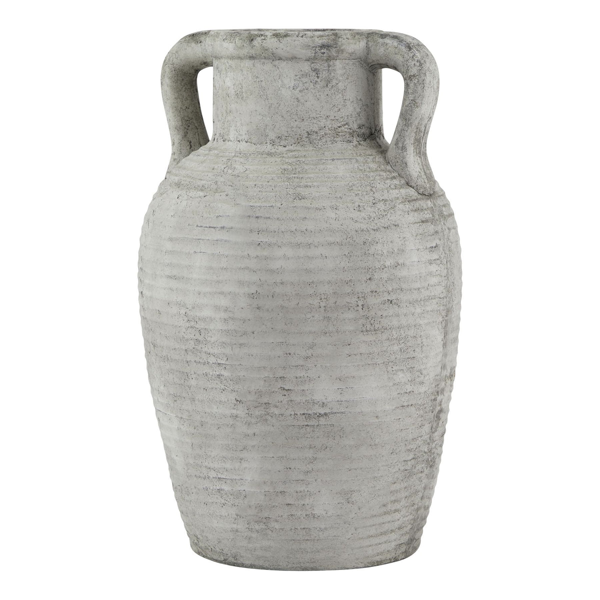 Athena Stone Large Amphora Pot in pale stone-effect ceramic with twin handles and horizontal ribbing