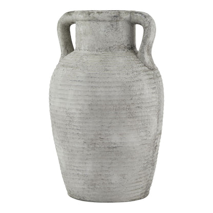 Athena Stone Large Amphora Pot in pale stone-effect ceramic with twin handles and horizontal ribbing