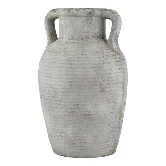 Athena Stone Large Amphora Pot in pale stone-effect ceramic with twin handles and horizontal ribbing
