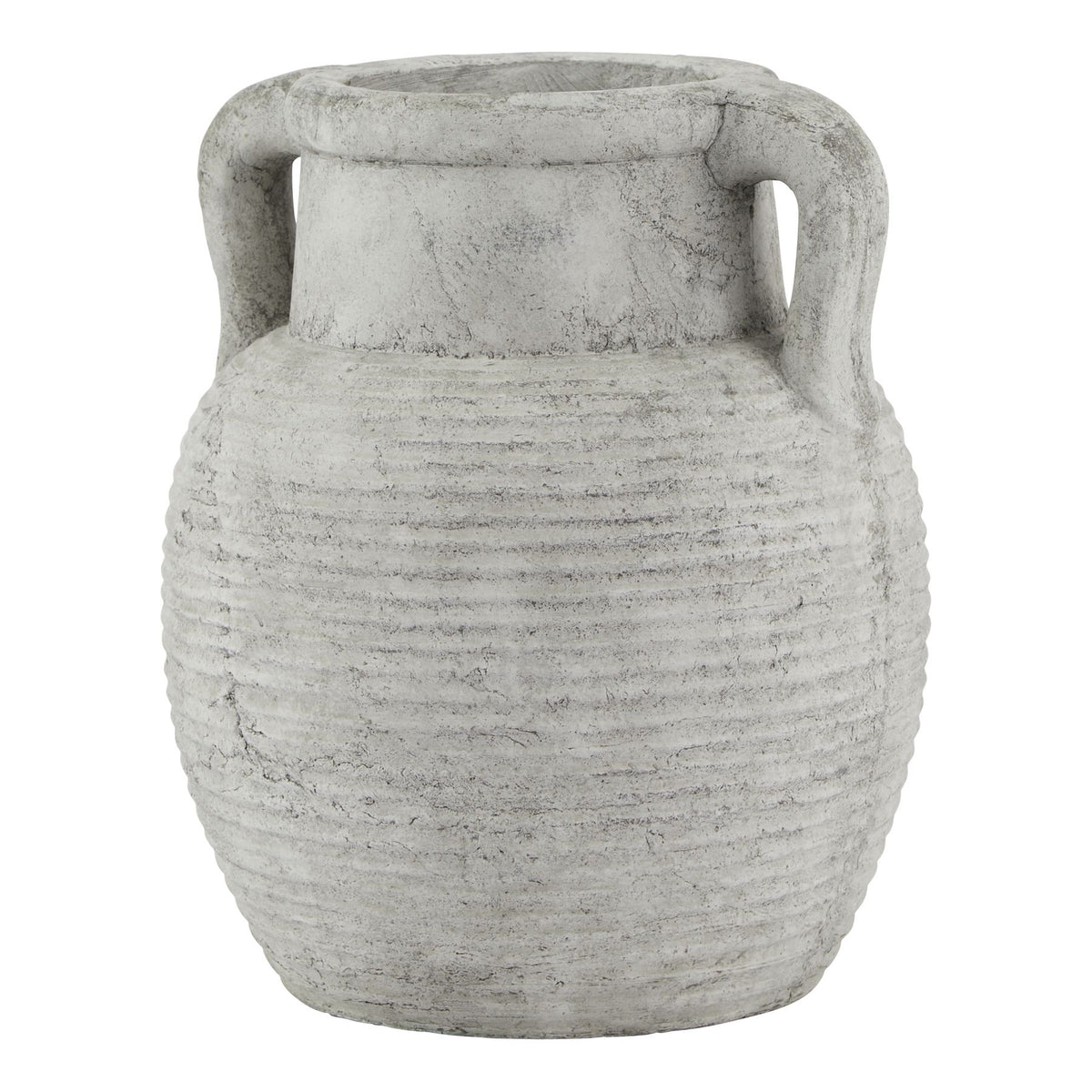 Athena Stone Amphora Pot with twin handles and a ribbed ceramic body in a pale weathered finish