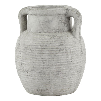 Athena Stone Amphora Pot with twin handles and a ribbed ceramic body in a pale weathered finish