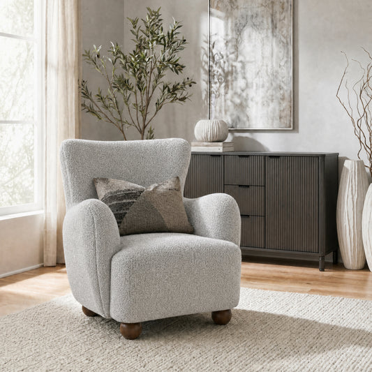 Greige Hui Large Arm Chair, oversized greige boucle upholstered armchair with bun feet, luxury occasional chair for living room UK