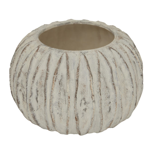 Lorenzo Rotund Fin Vase with a low rounded white ceramic body and sculpted vertical fins