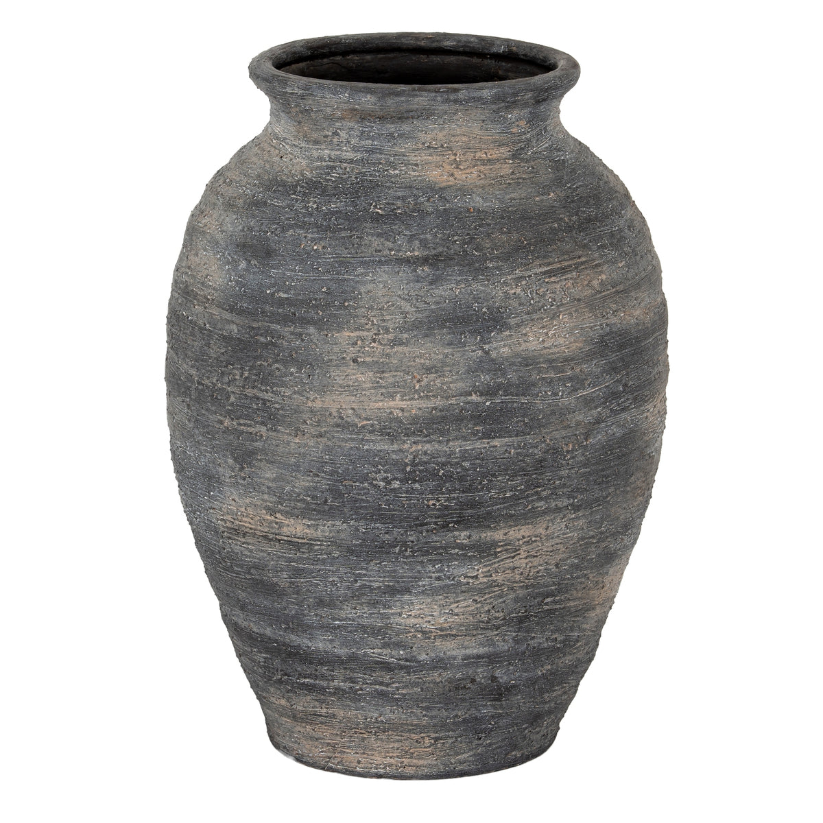 Marra Medium Olpe Vase with a tapered charcoal ceramic body and pale weathered markings