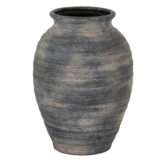Marra Medium Olpe Vase with a tapered charcoal ceramic body and pale weathered markings